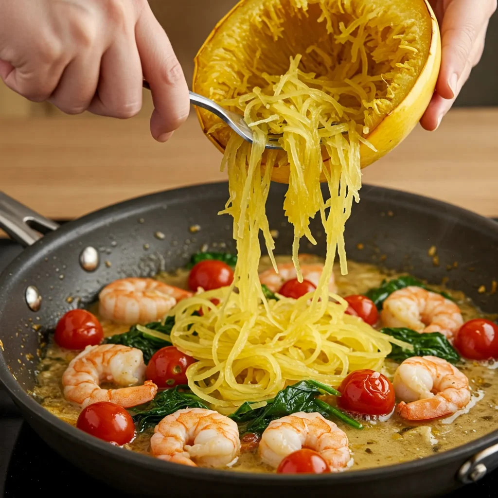 Mix in the Roasted Squash: Roast the Spaghetti Squash: Spaghetti Squash with Shrimp Recipe